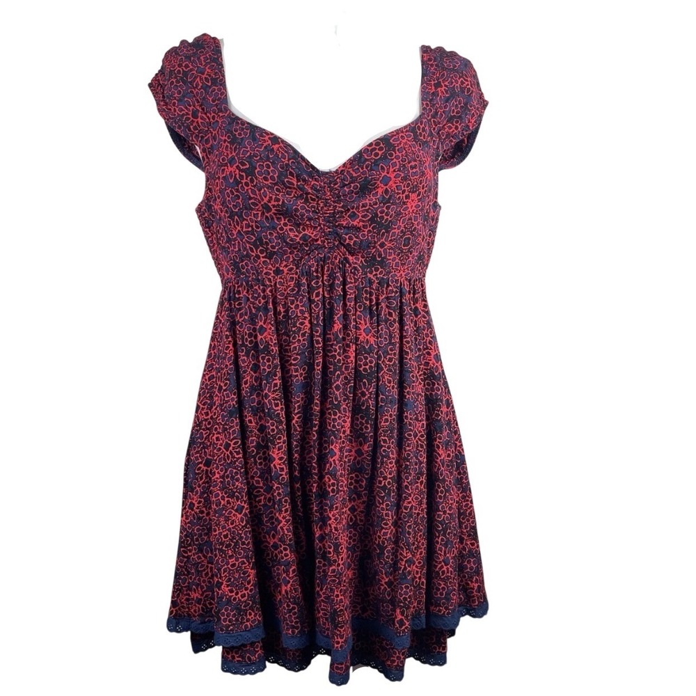 Free People Women Tabitha Mini Dress Large Red Blue Floral Smocked Cap Sleeve
